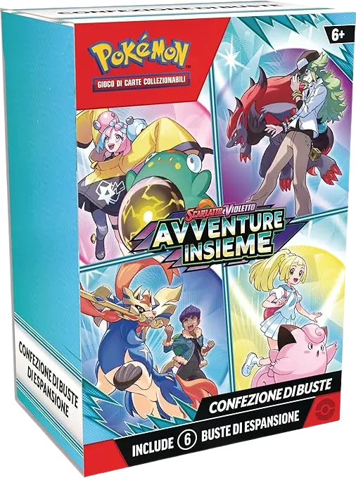 Frontale Booster Bundle Avventure Insieme 6 bustine – Vista della confezione sigillata con grafica ufficiale.