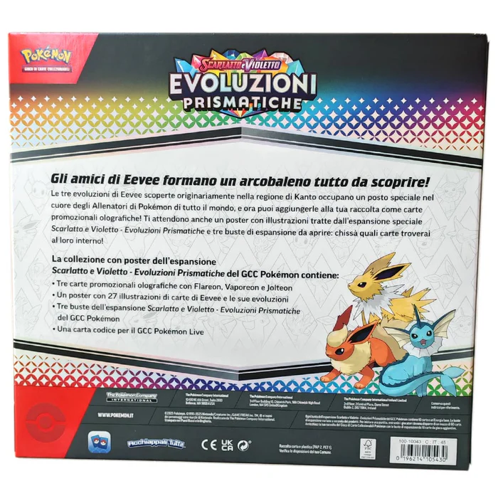 Retro della confezione Pokémon TCG Evoluzioni Prismatiche – Collezione con Poster in lingua italiana, con descrizione ufficiale e anteprima dei contenuti.