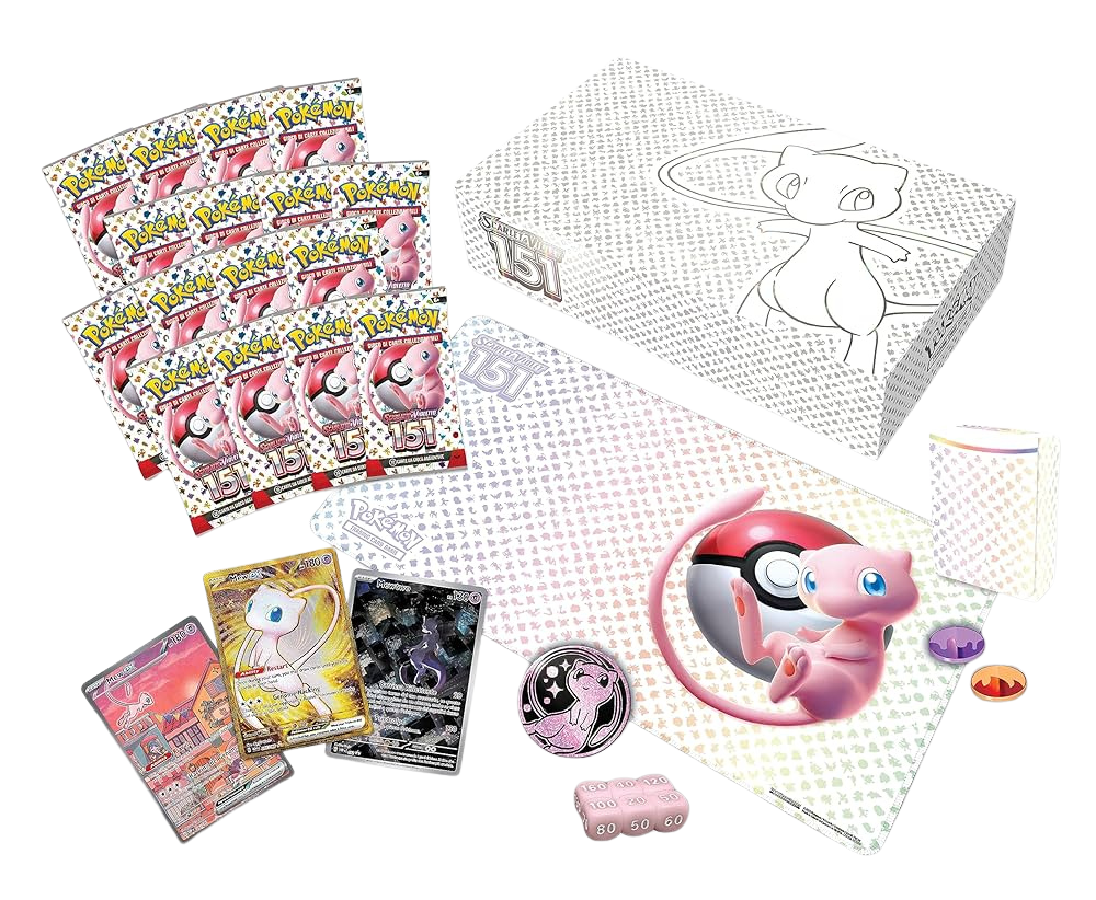 Contenuto della Collezione Ultra Premium 151: 16 buste sigillate, promo metalliche di Mew e Mewtwo, tappetino esclusivo e accessori da gioco.