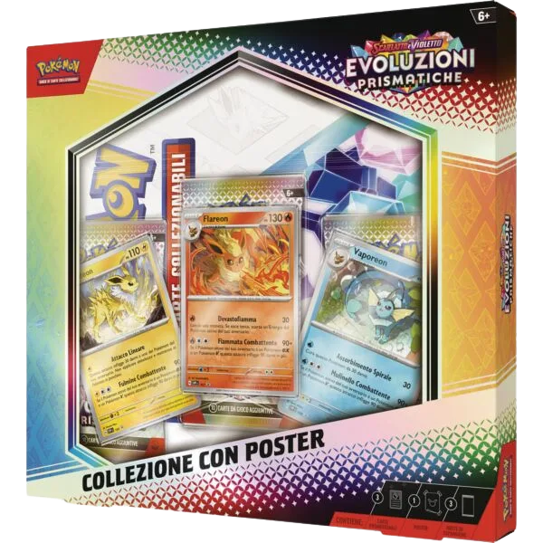 Contenuto della Pokémon TCG Collezione Evoluzioni Prismatiche – 3 Bustine con Poster: bustine sigillate e poster esclusivo a tema espansione.