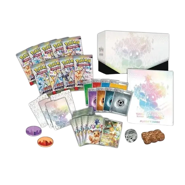 Contenuto della Pokémon TCG Elite Trainer Box Evoluzioni Prismatiche: bustine dell’espansione, carta promo esclusiva, set di accessori da gioco e box collezionabile a tema.
