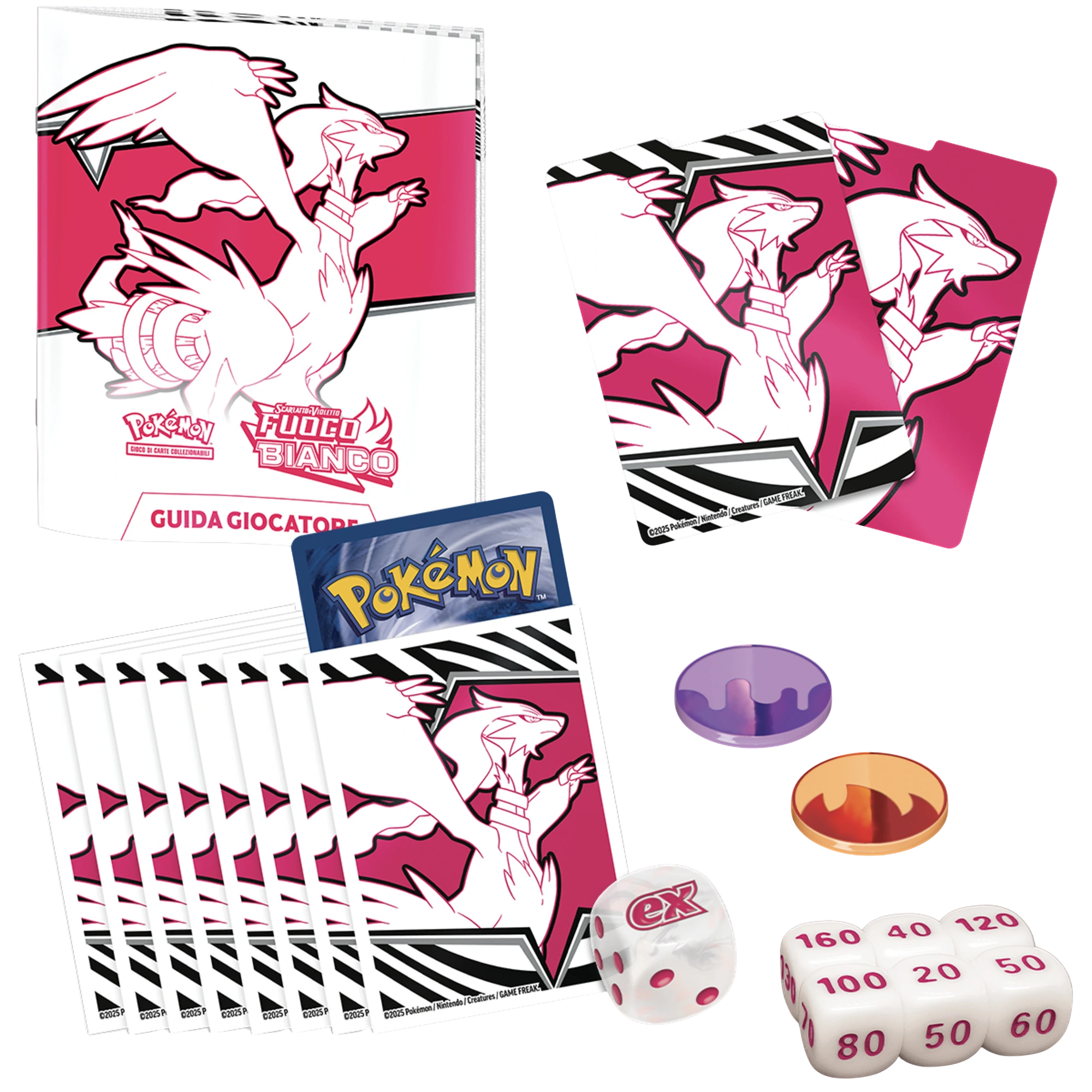 Contenuto della Pokémon TCG Elite Trainer Box Fuoco Bianco: bustine sigillate, carta promo esclusiva, bustine protettive, dadi, segnalini, divisori e manuale del giocatore.