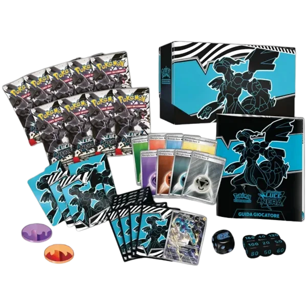 Contenuto della Pokémon TCG Elite Trainer Box Luce Nera: bustine sigillate, carta promo esclusiva, dadi, segnalini, bustine protettive, divisori e guida del giocatore.