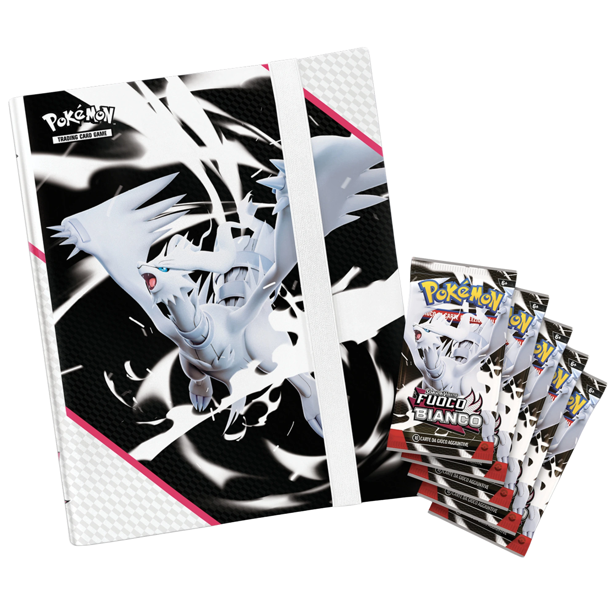 Contenuto del Raccoglitore Pokémon TCG Fuoco Bianco (ITA): 5 bustine sigillate dell’espansione e raccoglitore esclusivo a tema.