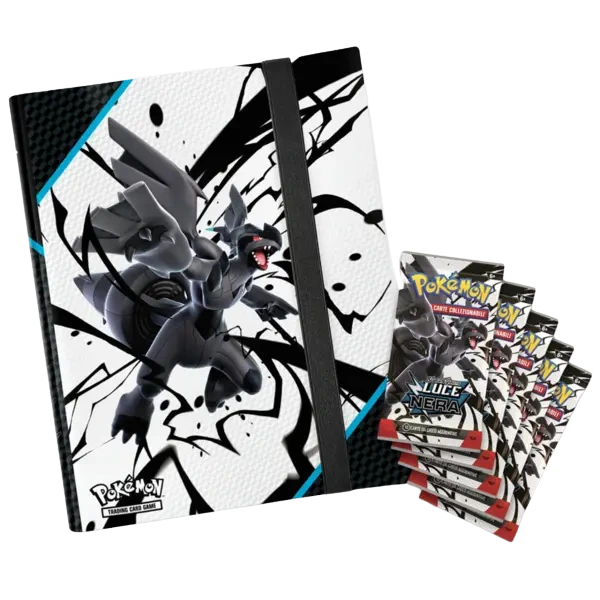 Contenuto del Raccoglitore Pokémon TCG Luce Nera (ITA): 5 bustine sigillate dell’espansione e raccoglitore esclusivo a tema.