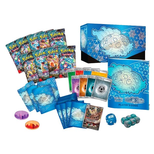 Contenuto della Pokémon TCG Elite Trainer Box Corona Astrale: bustine sigillate, carta promo, bustine protettive, dadi, segnalini, divisori e manuale del giocatore.
