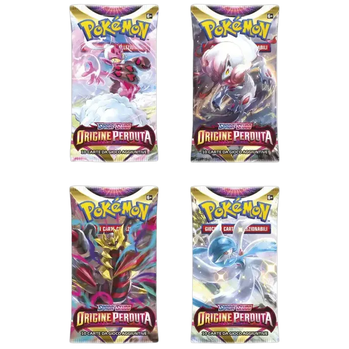 Bustina sigillata Pokémon TCG Origine Perduta (ITA), con artwork ufficiale e carte collezionabili dell’espansione.