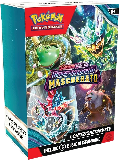 Booster Bundle Pokémon Crepuscolo Mascherato sealed, confezione compatta con 6 buste sigillate e design a tema maschere di Nordivia