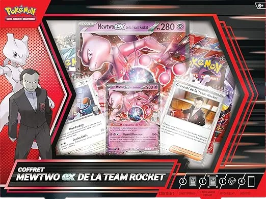 Collezione Pokémon Rivali Predestinati con Mewtwo del Team Rocket, 4 buste sigillate, carta promo e jumbo.