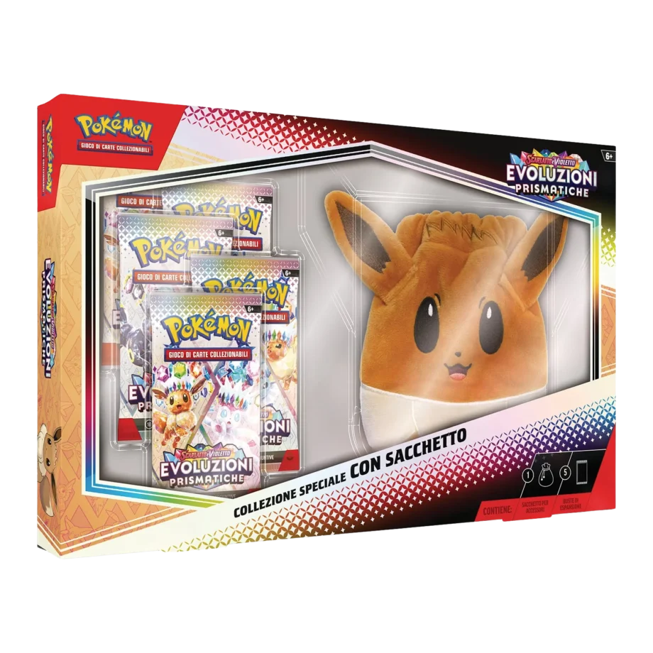 Collezione Speciale Pokémon Sacchetto Eevee sealed, con 5 buste Evoluzioni Prismatiche, promo esclusiva e sacchetto in tessuto.