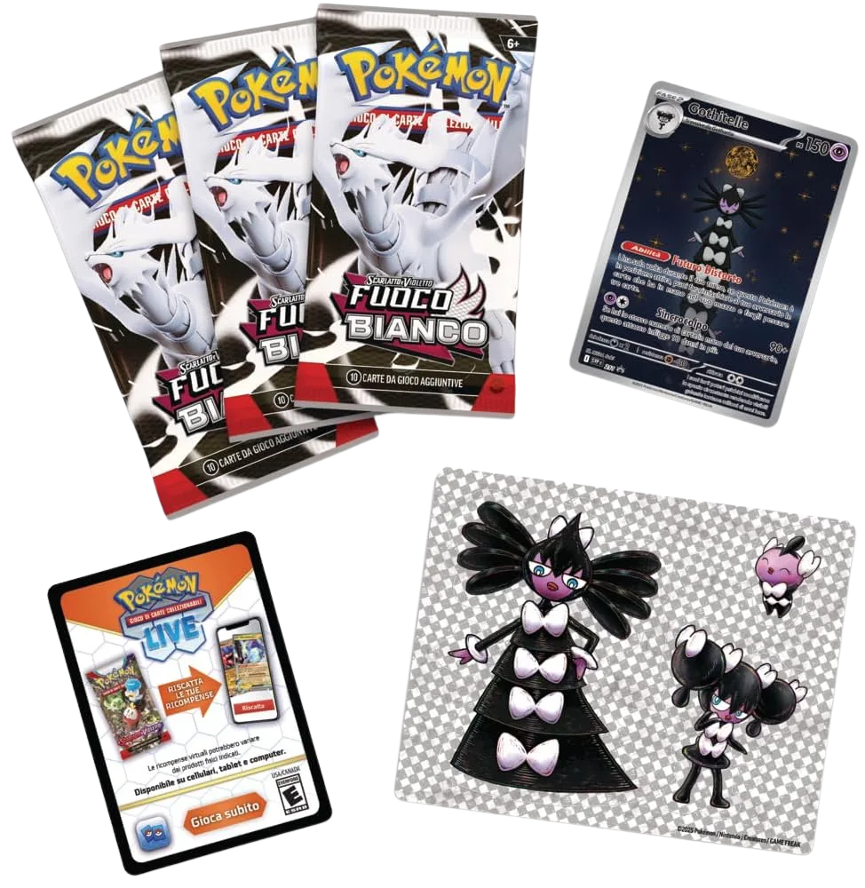Contenuto del Blister Fuoco Bianco – 3 Bustine con Carta Promozionale e Adesivi (ITA): 3 bustine sigillate, carta promo esclusiva e foglio di adesivi a tema espansione.