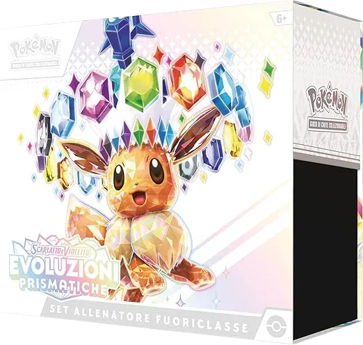 Set Allenatore Fuoriclasse Pokémon Evoluzioni Prismatiche sealed, con 9 buste, promo esclusiva e accessori da collezione.
