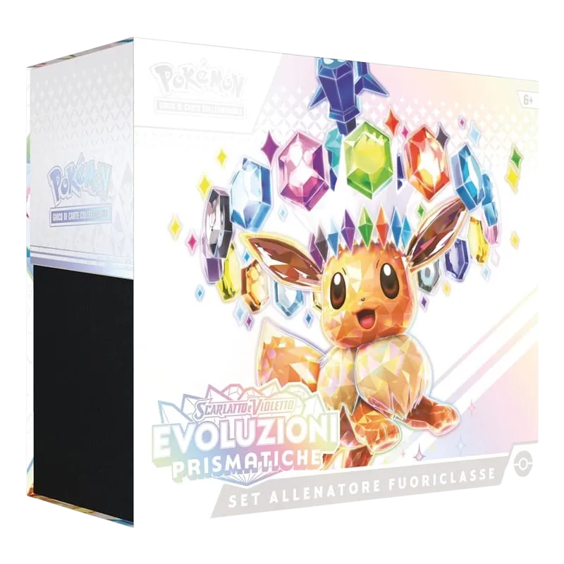 ETB Evoluzioni Prismatiche – 9 buste, carta promo esclusiva e accessori premium in una confezione da esposizione.