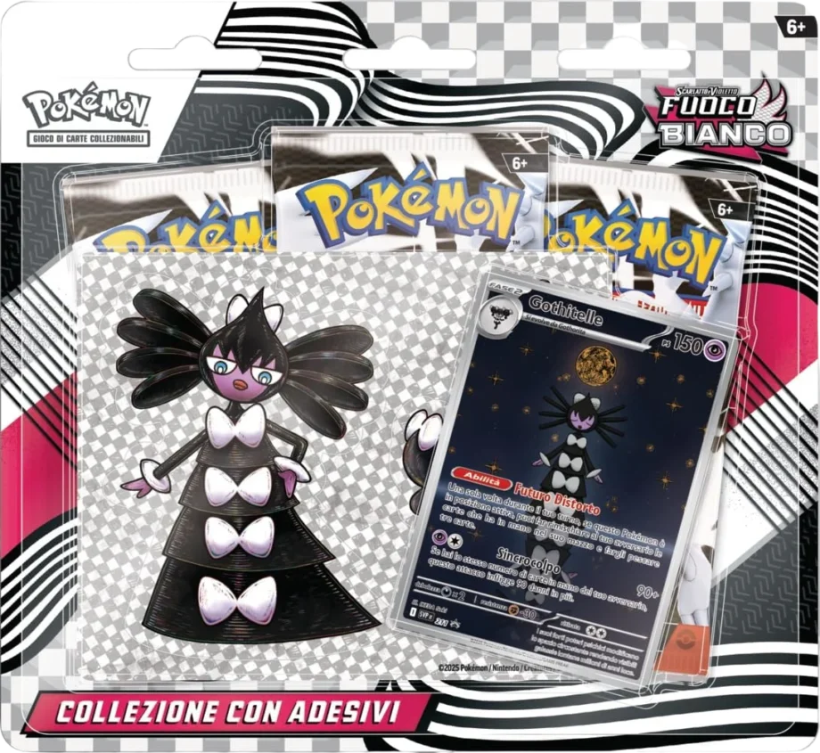 Confezione Pokémon TCG Fuoco Bianco – Blister con Carta Promozionale e Adesivi da 3 Bustine (ITA), con 3 bustine sigillate, carta promo esclusiva e foglio adesivi a tema.