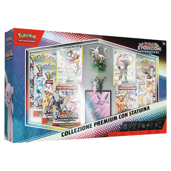 Pokémon Evoluzioni Prismatiche Collezione Premium con Statuina Espeon & Umbreon, box sigillata italiana con 8 bustine, promo e statuetta