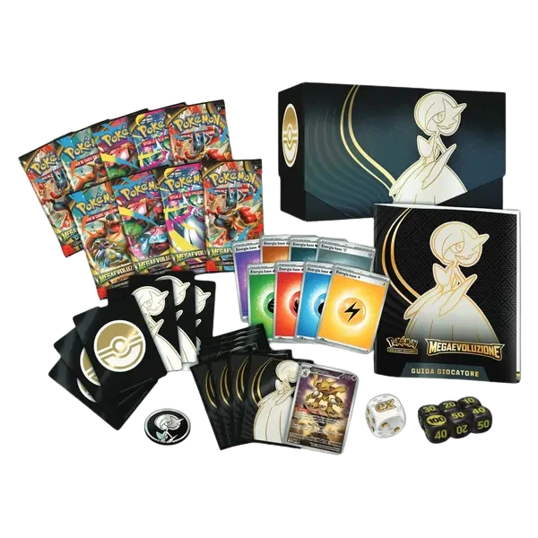 Contenuto della Pokémon TCG Elite Trainer Box Mega Evoluzioni – Gardevoir: bustine, dadi, segnalini, custodie protettive e guida del giocatore.