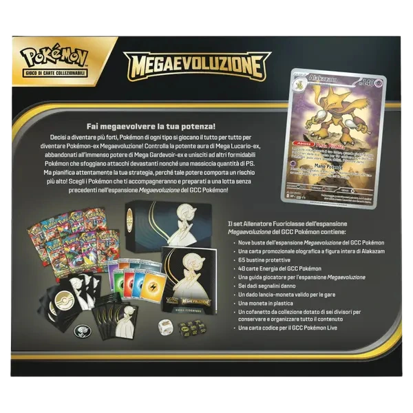Retro della confezione Pokémon TCG Mega Evoluzioni – Elite Trainer Box di Gardevoir, con descrizione dei contenuti e grafiche ufficiali.