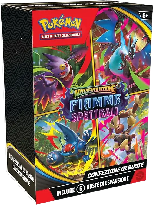 Booster Bundle Pokémon Fiamme Spettrali da 6 bustine in italiano, vista frontale con Mega Charizard X e logo dell’espansione Megaevoluzione – Fiamme Spettrali.