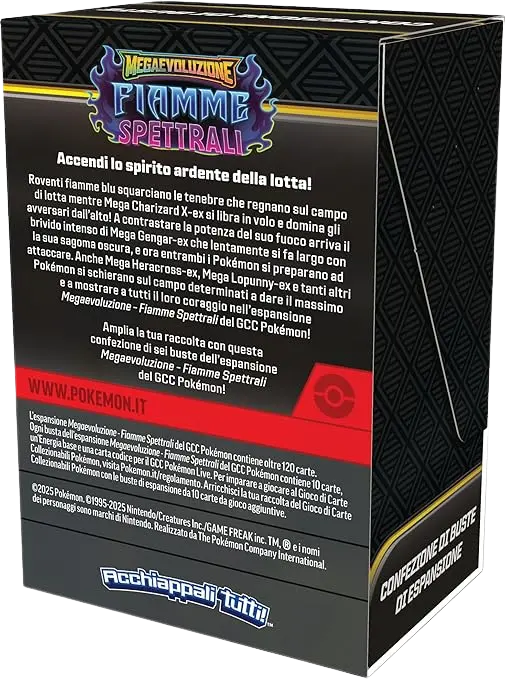 Retro della confezione del Booster Bundle Pokémon Fiamme Spettrali (ITA), con la descrizione ufficiale del prodotto e dettagli di contenuto in lingua italiana.
