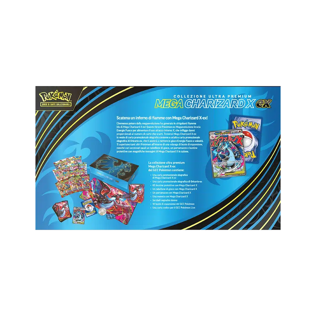 Retro del cofanetto Ultra Premium “Mega Charizard – Fiamme Spettrali” con elenco contenuti e dettagli.
