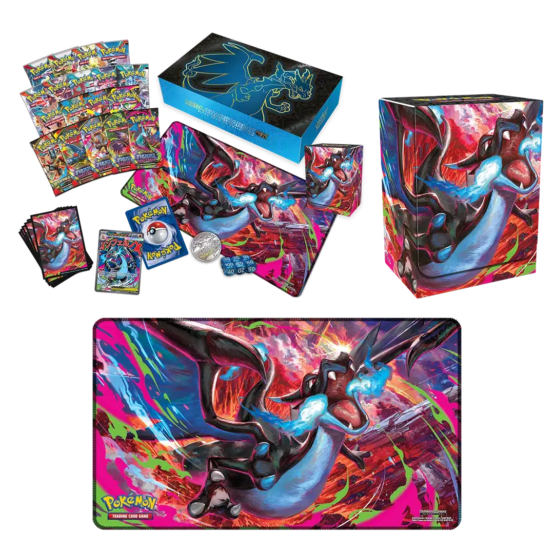 Contenuto Ultra Premium Mega Charizard: bustine, carte promo, playmat, accessori e booklet.