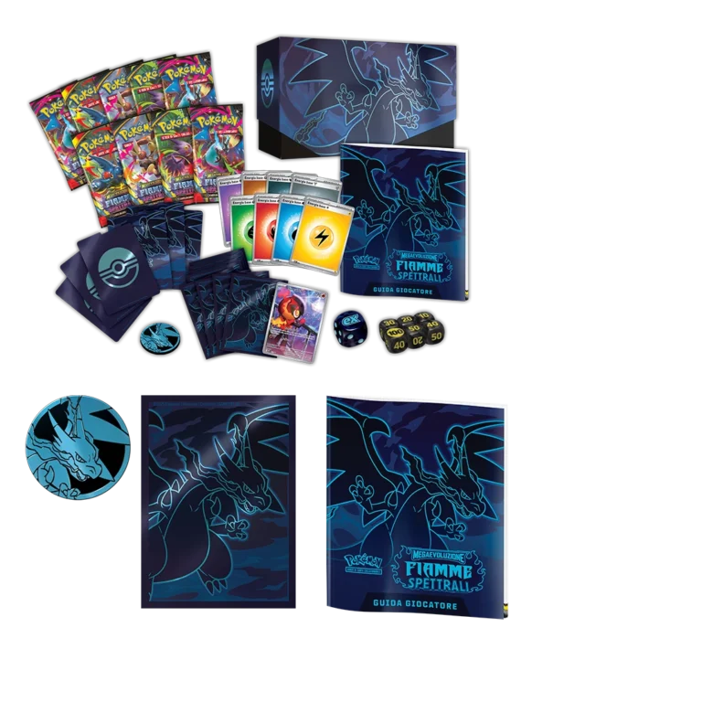 Contenuto ETB “Fiamme Spettrali – Mega Charizard”: bustine, sleeves, energie, dadi/segnalini, divisori, guida.