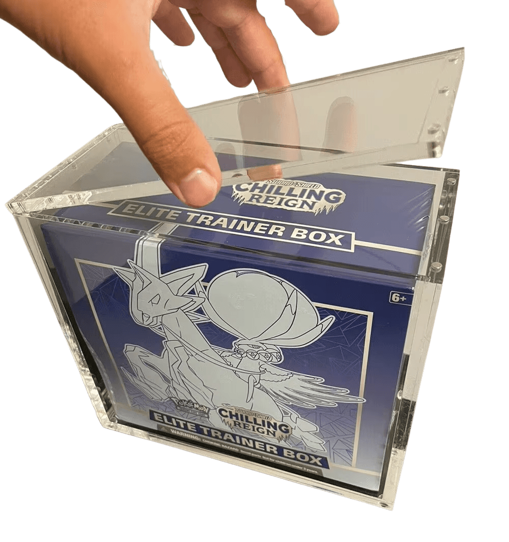 Custodia espositiva in acrilico per Pokémon ETB con chiusura magnetica antipolvere